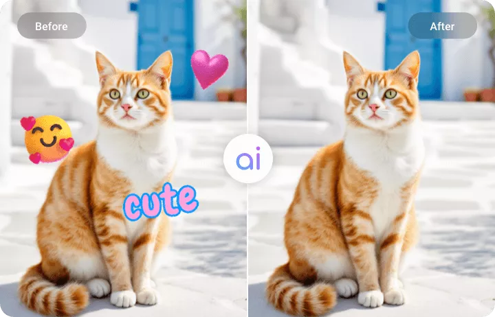 Cat before and after removing emoji, heart and cute text stickers